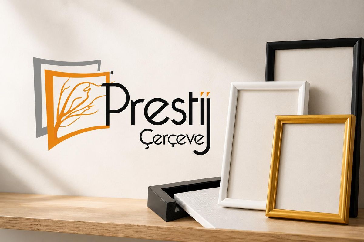 Prestij Çerçeve logo on the wall; white, black and gold frames on a shelf
